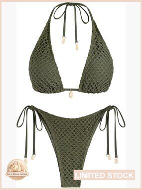 Triangle Bikini Set Multiway Fishnet Tie Side Halter Bandeau Swimsuit Two Piece